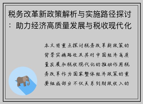 税务改革新政策解析与实施路径探讨：助力经济高质量发展与税收现代化