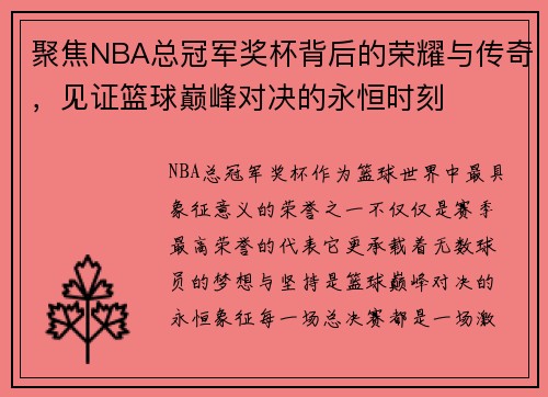 聚焦NBA总冠军奖杯背后的荣耀与传奇，见证篮球巅峰对决的永恒时刻