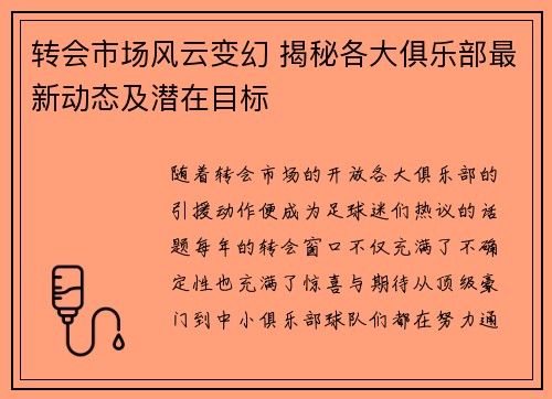 转会市场风云变幻 揭秘各大俱乐部最新动态及潜在目标