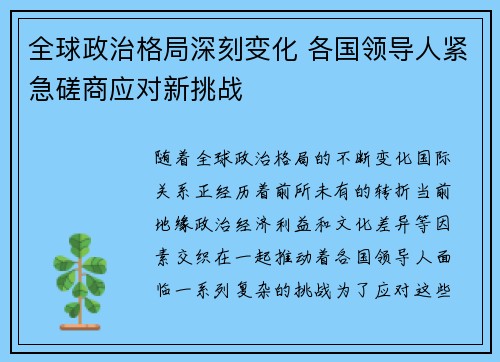 全球政治格局深刻变化 各国领导人紧急磋商应对新挑战